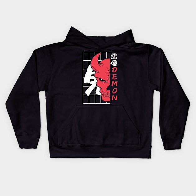 Japanese Demon Art Face Skull Devil Oni Harajuku Aesthetic Kids Hoodie by Kali Space